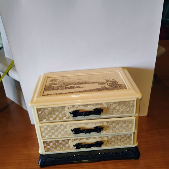 Vtg 1950s Japan Rectangular Celluloid Jewelry Box Dragon Handles w/Three Drawers - Picture 7 of 13
